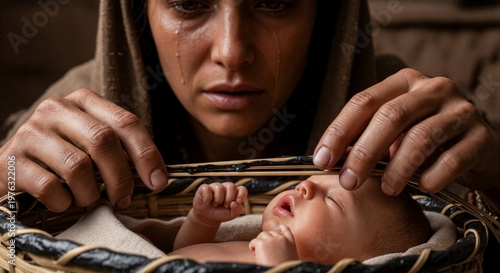 Mother crying over newborn baby in a woven basket. Biblical story of Moses being placed in the river. Religious concept of sacrifice and protection. Close-up of a woman with tears and her baby