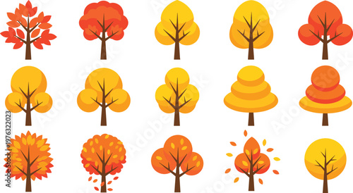 Autumn Tree Collection Vector Illustration Set Featuring Fall Season Trees with Yellow Orange Red Leaves and Falling Foliage for Nature Landscape Design Projects