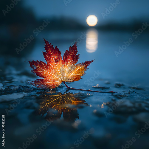 Mid-Autumn Maple Leaf Illustration, Inkstone Red Leaf, Vein Light Channel, Moon Reflection for Literati Aesthetic Use
