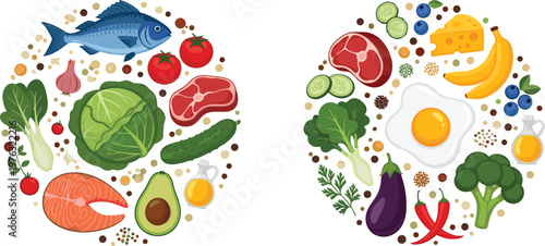 Balanced Diet Food Collection Vector Illustration Set Featuring Protein Vegetables Fruits and Healthy Ingredients for Nutrition Meal Planning and Wellness Design Projects
