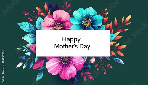 Happy Mothers Day text framed by vibrant colorful flowers. AI Generative