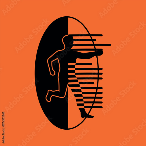 Dynamic silhouette of a runner in motion with abstract streaks on orange background