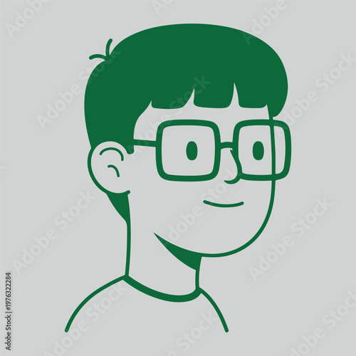 Simple cartoon illustration of a young person wearing square eyeglasses and a friendly smile