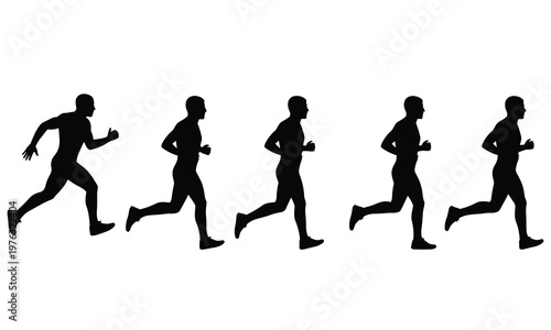 Minimalist black silhouettes showing running stride progression, athletic motion sequence illustration for sports, fitness, and biomechanics concepts