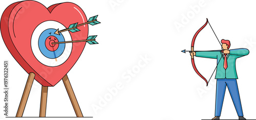 Archer aiming at heart shaped target with arrows hitting bullseye accuracy concept flat vector illustration for goal achievement