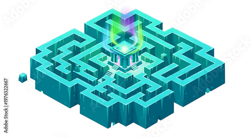 A vibrant teal isometric maze with a glowing purple and green center on a white background