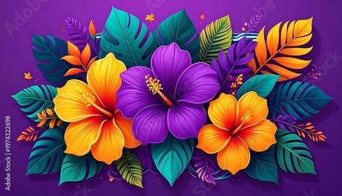 A beautiful arrangement of vibrant tropical flowers and leaves on purple. AI Generative