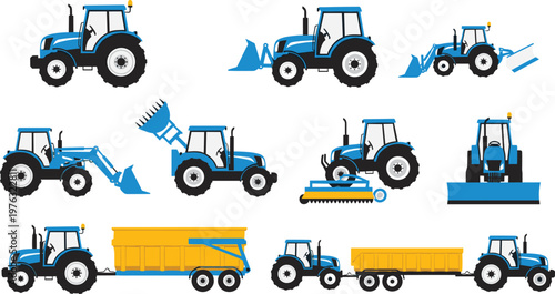 Blue Tractor Collection Vector Illustration Set Featuring Agricultural Vehicles with Loader Plow Trailer and Farm Equipment for Modern Farming Design Projects