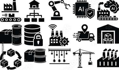 Collection of industrial and technology icons with AI chip, assembly line