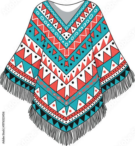 Colorful ethnic poncho with geometric tribal pattern and fringe boho fashion clothing vector illustration for traditional textile design