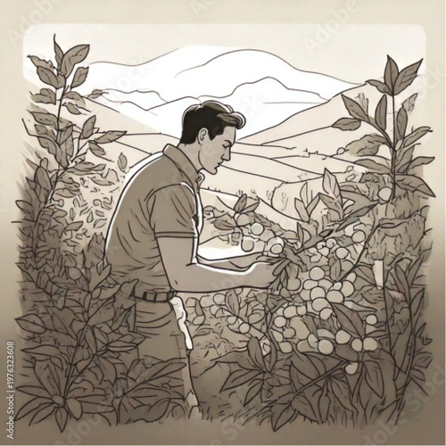 Man inspecting coffee plants in a lush green field.