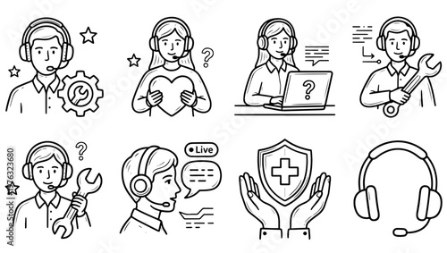 Customer Service & Support Vector Icons on Transparent Background, customer service, support, communication, hand-drawn, vector, icons, technical assistance, troubleshooting, care, empathy, online, 
