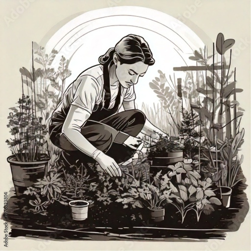 Woman tending to plants in a garden illustration.
