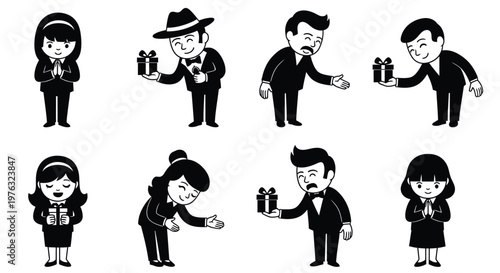 Diverse group of people in black and white some holding gifts