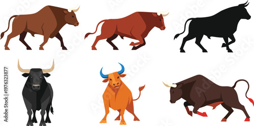 Bull Collection Vector Illustration Set Featuring Running Charging and Standing Bulls Including Silhouette and Color Variations for Agriculture and Livestock Design Projects