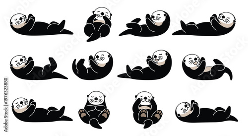 Collection of adorable sea otter illustrations in various playful poses, minimalist flat style characters, marine wildlife elements, swimming and floating animals on white background.