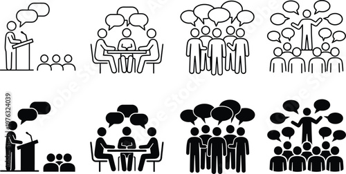 Stick figure people talking communicating with speech bubbles in various scenarios and meetings