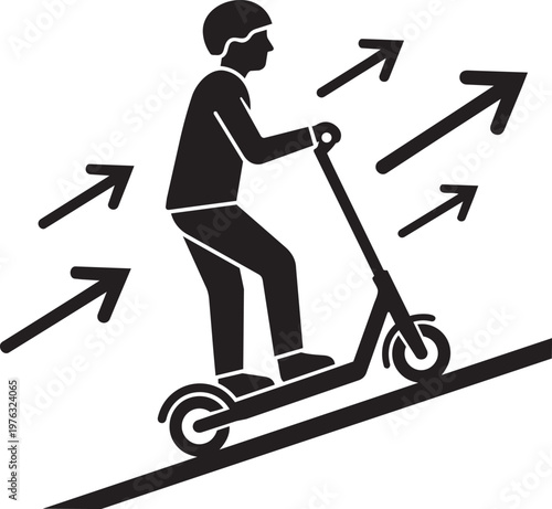 Person on scooter rides uphill towards success
