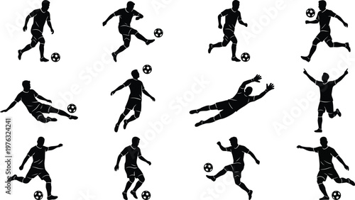 Black silhouettes of soccer players in various poses with balls on white background