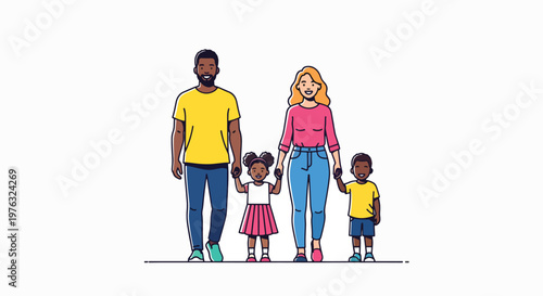 A cartoon illustration of a diverse family of four, consisting of parents and two children, standing together on a line against a plain white background.