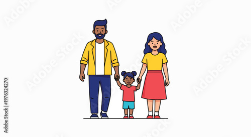 A diverse family of three, consisting of a man, woman, and child, standing together hand in hand on a white background, conveying a sense of unity and togetherness on a special day.