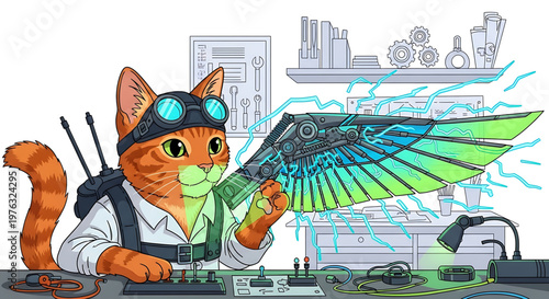 A cartoon cat in goggles works on a futuristic green and blue robotic wing in a workshop