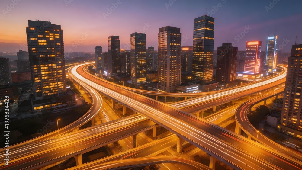 Fototapeta premium Cityscape with illuminated highways at dusk