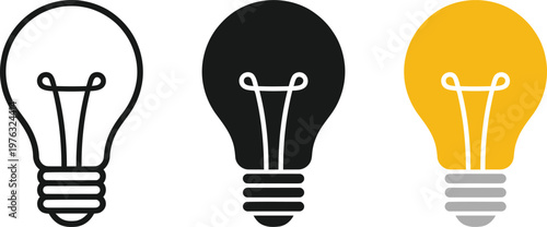 Three light bulbs in different colors and styles on white background  black yellow and outline