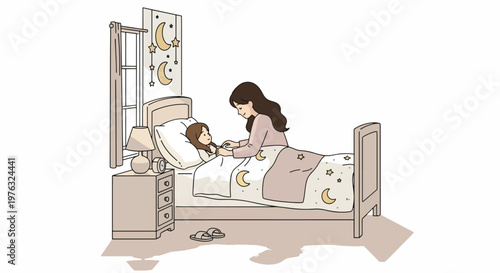 A mother reading a book to her child in a cozy bedroom on a parents' day with warm lighting and soft colors.