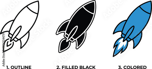 Three different styles of cartoon rocket ship illustrations in outline filled black and colored versions side by side