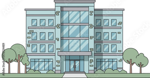 Modern Office Building Exterior Vector Illustration Front View Elevation with Glass Panels in Clean Flat Design