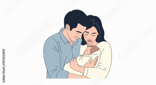 A loving Asian couple embracing and holding their newborn baby on a special day with warm tones, against a clean white background.