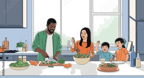 A diverse family of four, including parents and two children, preparing a healthy meal together in a modern kitchen on a sunny day.