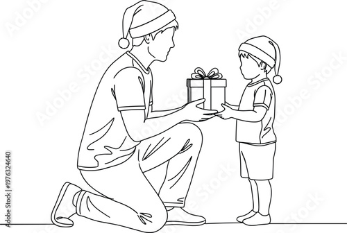 Father giving gift to child wearing Santa hats Christmas family moment line art vector illustration for holiday celebration concept