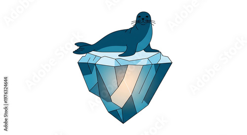 A vector graphic illustration of a seal sitting on a large blue crystal