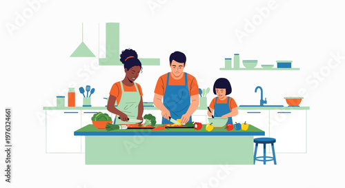 A family of three, two parents and a child, prepare food together on a kitchen counter on a family day.