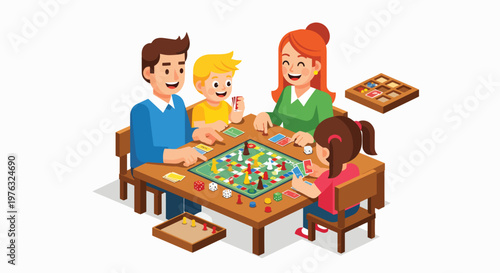 A family of four playing a board game together on a wooden table on a casual day with a flat illustration style and a colorful palette against a plain white background.