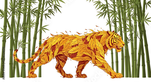A vibrant tiger made of autumn leaves walking through a bamboo forest in a stunning vector illustration