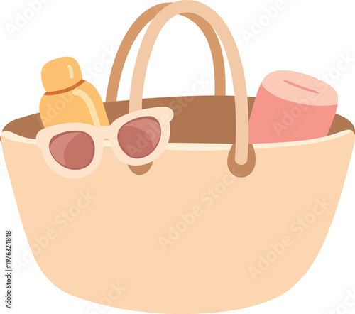 Clean flat illustration of a summer beach tote bag with sunglasses, sunscreen bottle, and rolled towel. Perfect for travel icons, seasonal design, branding, and lifestyle graphics.