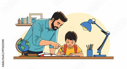 A father helping his child with homework on a desk with a globe, books, and a lamp on a sunny day.