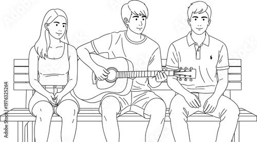 Friends sitting on bench playing guitar together casual music moment line art vector illustration for leisure lifestyle concept
