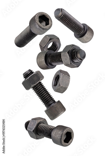 Fotografie Black, hardened round-head bolts for a special internal Allen key fall in space