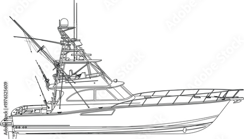 Luxury fishing yacht with detailed structure and deck equipment line art vector illustration for marine transport and nautical design