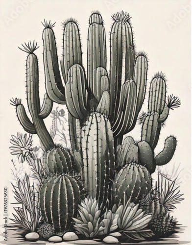 A collection of various desert cacti plants growing together.