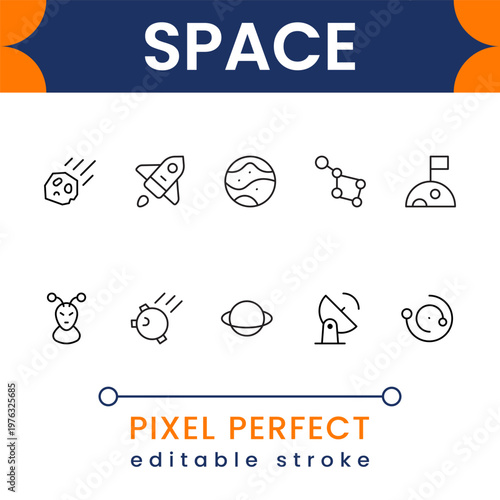 Space and galaxy icon pack with planets, stars, rockets, astronauts, satellites, cosmic elements and universe exploration symbols