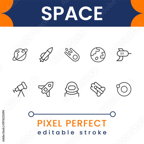 Space and galaxy icon pack with planets, stars, rockets, astronauts, satellites, cosmic elements and universe exploration symbols