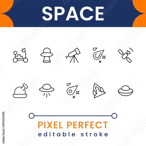 Space and galaxy icon pack with planets, stars, rockets, astronauts, satellites, cosmic elements and universe exploration symbols