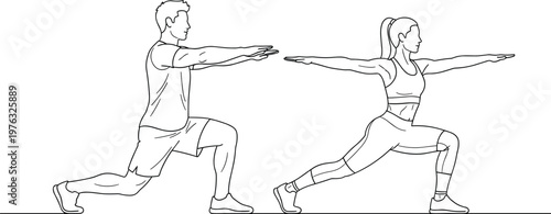 Man and woman performing lunge exercise together fitness training line art vector illustration for workout routine and healthy lifestyle concept