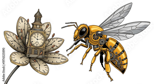 A steampunk illustration of a robotic bee approaching a clockwork flower with a tower in the center