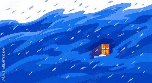 A vector graphic illustration of a house in a stormy sea with waves and rain
